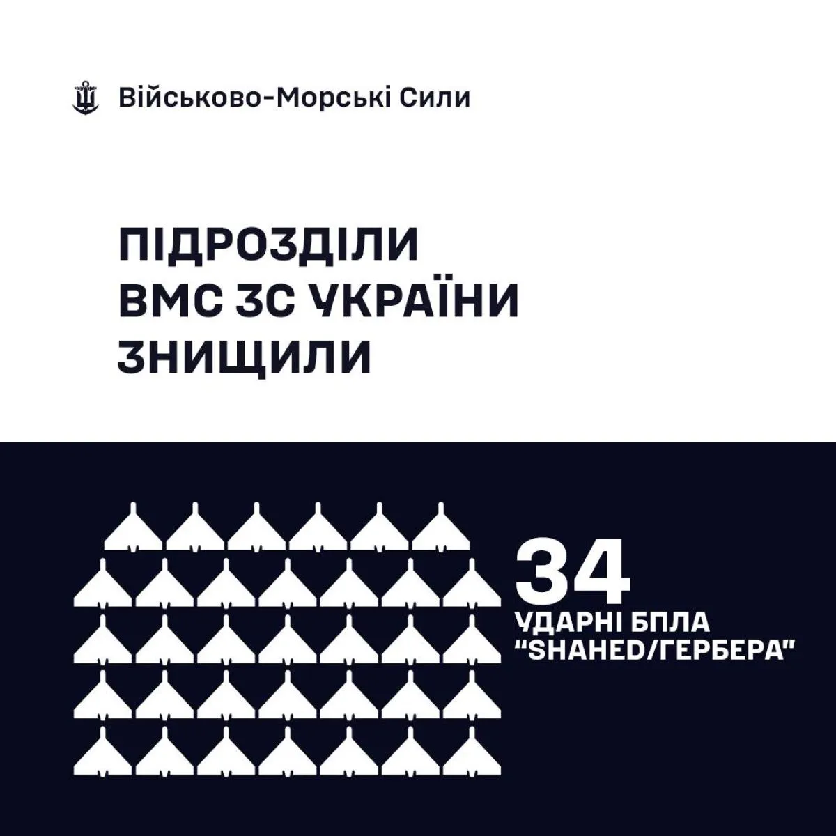 Нічне полювання ВМС 29 березня: знищено 34 ударні дрони типу «Shahed»