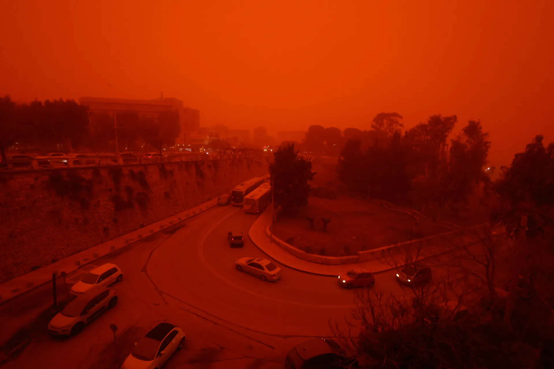 A dust storm from the Sahara has swept across Crete, and a tornado has been reported on the island