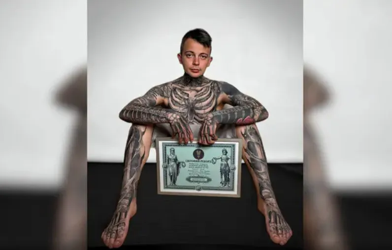 A skeleton tattoo. A Ukrainian man has broken the record held by the legendary Zombie Boy