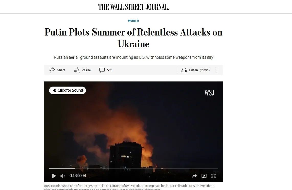 The Wall Street Journal: "Putin is preparing a summer of brutal strikes on Ukraine"