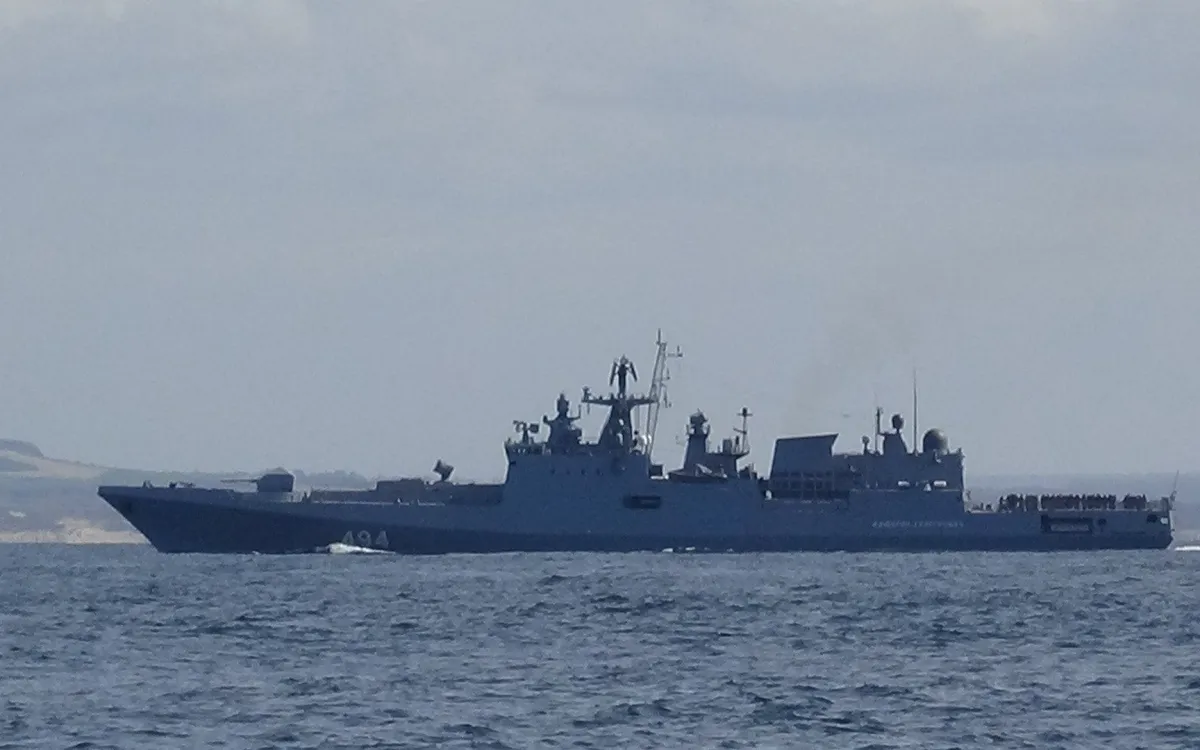 A Russian frigate has been escorting tankers off the coast of the UK for almost two months