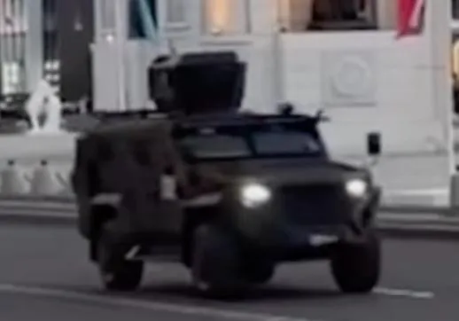 Putin’s motorcade in Astana was accompanied by armoured vehicles, a helicopter and what is believed to be an electronic warfare vehicle