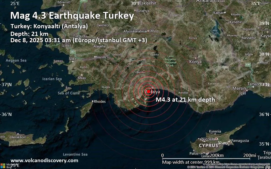 An earthquake with a magnitude of 4.3 occurred near Antalya — no casualties or serious damage reported