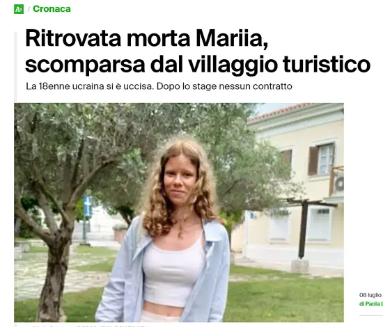 An 18-year-old Ukrainian student was found hanged in Italy