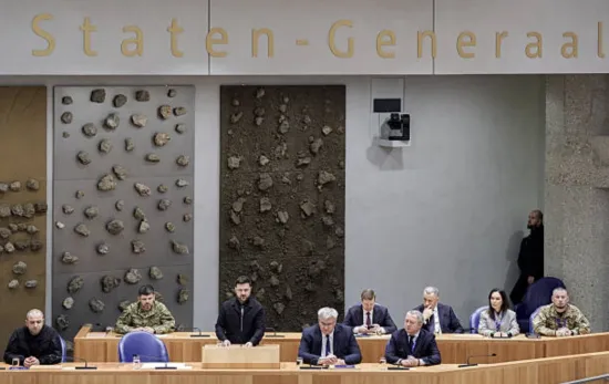 Zelenskyy speaks in the Dutch Parliament during an official visit