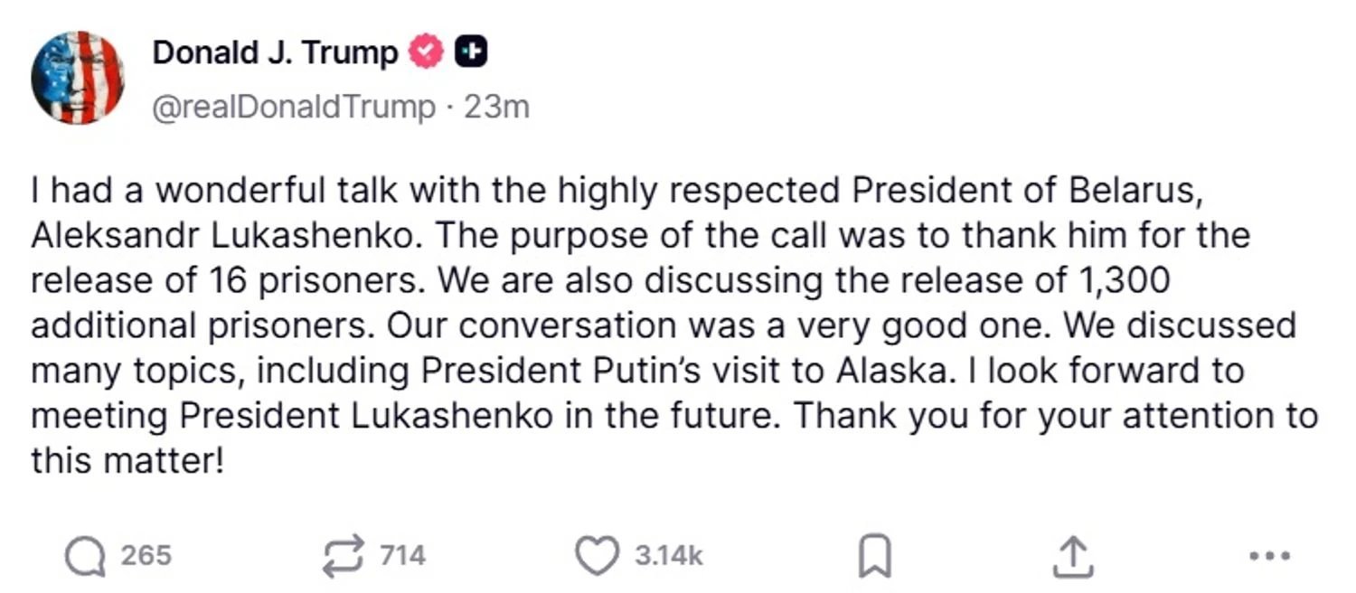 Trump and Lukashenko discussed the summit and the release of prisoners
