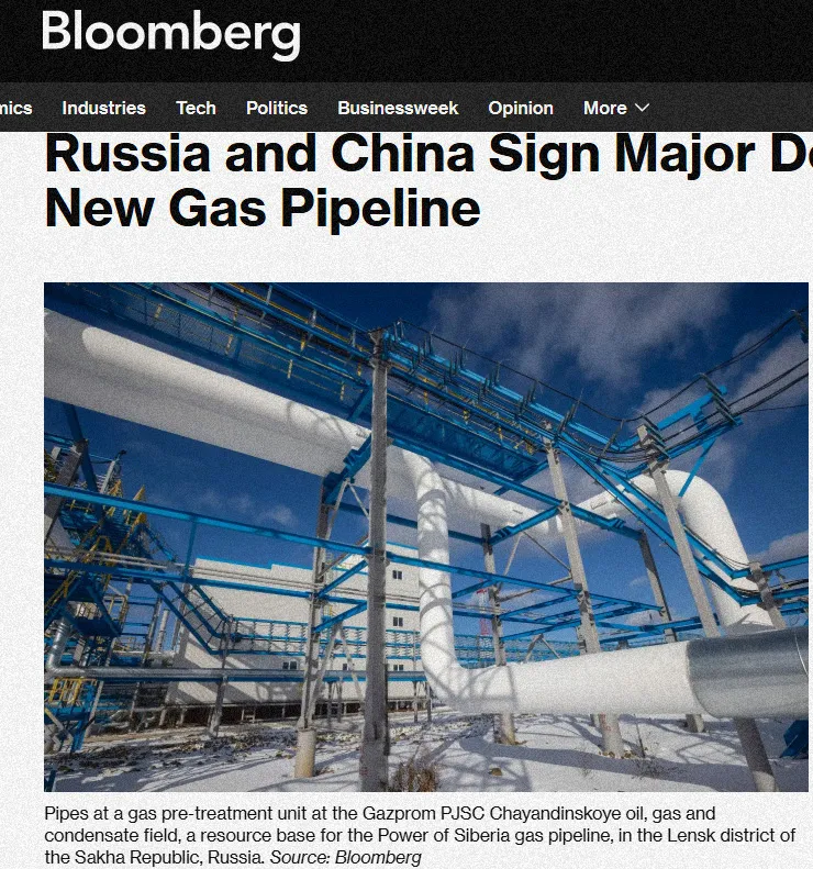 Bloomberg: China signed an agreement with Russia on the construction of the "Power of Siberia-2" gas pipeline