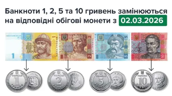 Паперові 1, 2, 5 і 10 гривень зникнуть з обігу з березня 2026 року
