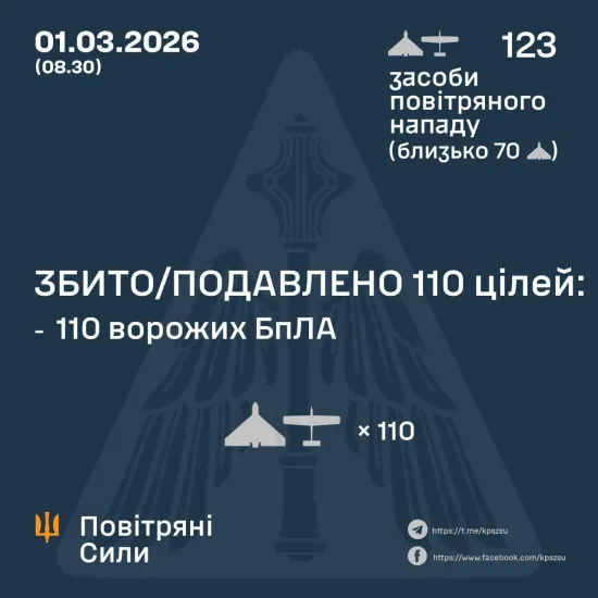 Нічна атака дронів: ППО знешкодила 110 безпілотників