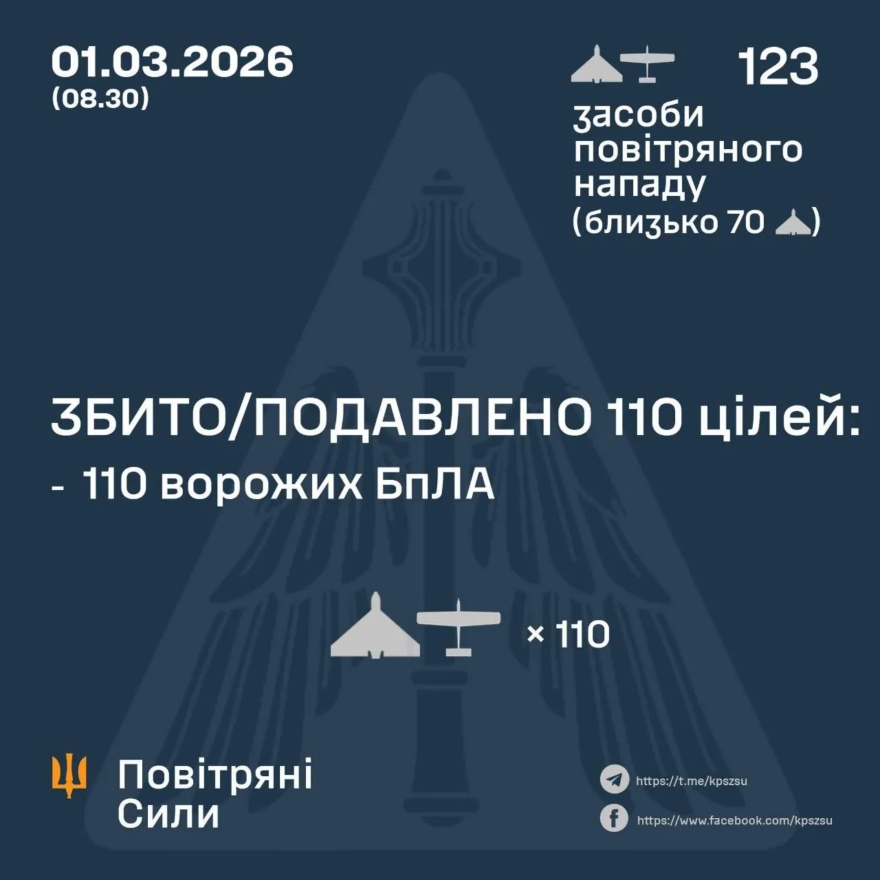 Нічна атака дронів: ППО знешкодила 110 безпілотників